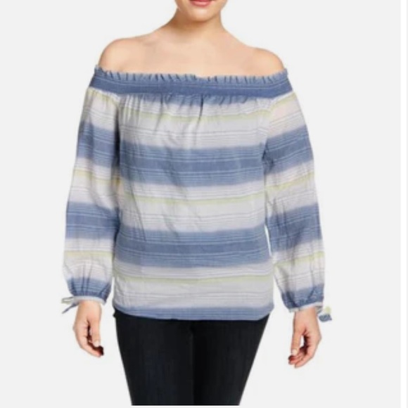 BeachLunchLounge Lightweight Flowy Cotton Stripes Ayala Blue White Green Sky Top - Picture 4 of 8